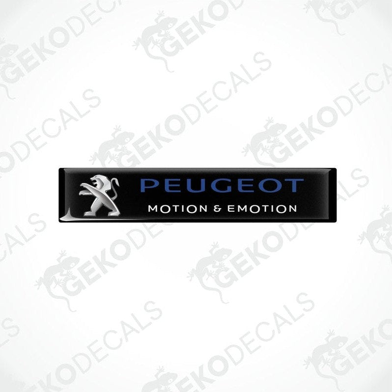  Rectangular Peugeot car decals with the words 'Motion & Emotion' and the Peugeot logo in silver on a black background.