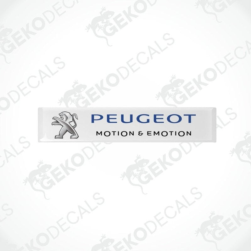  Rectangular Peugeot car decals with the words 'Motion & Emotion' and the Peugeot logo in silver on a withe background.