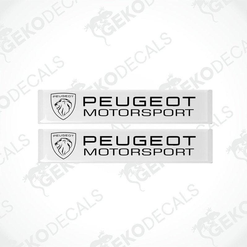Two withe vinyl stickers with the Peugeot Motorsport logo in black.