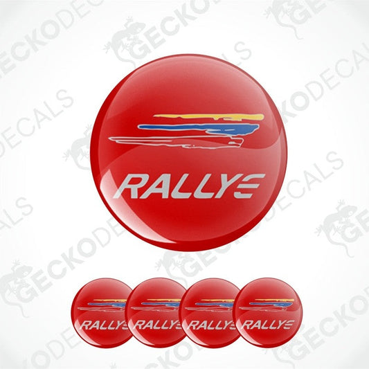 Set of red 'RALLYE' decals with a logo on a white background