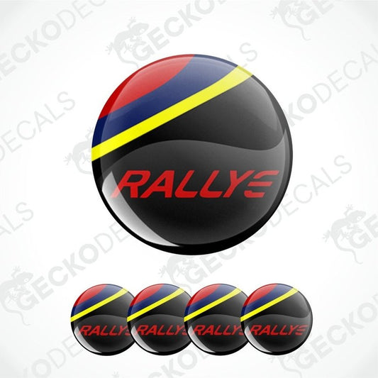 Round decal with 'RALLYE' text and red, yellow, and blue design on a white background.