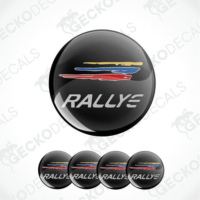Black 'RALLYE' logo decal with car illustrations on a white background