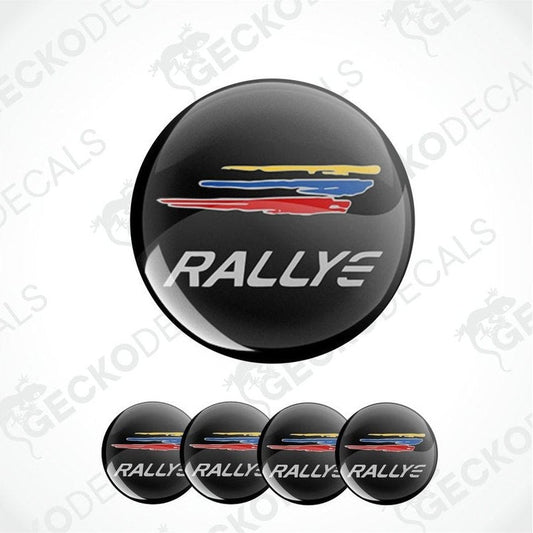 Black 'RALLYE' logo decal with car illustrations on a white background