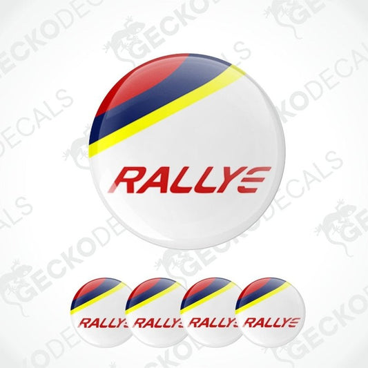 Round decal with 'RALLY' text and red, yellow, and blue stripes on a white background.