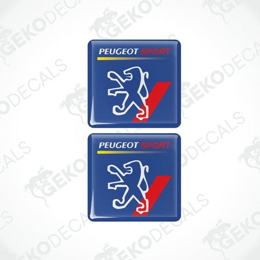 Two blue, white, and red PEUGEOT SPORT vinyl decals with a polyurethane coating.