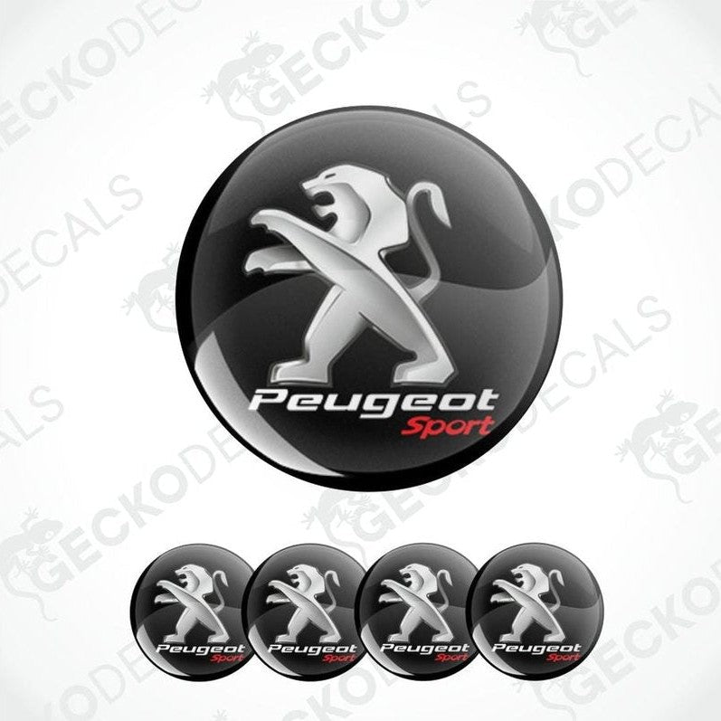 Peugeot Sport logo with a black background and five smaller versions of the logo below.