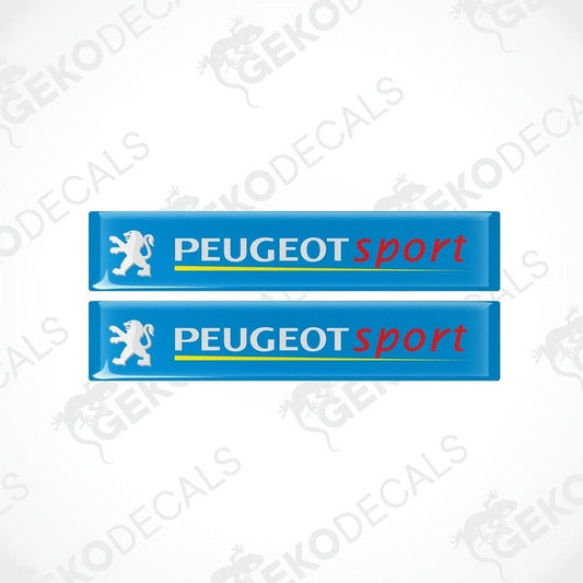 Two blue vinyl decals with the text 'PEUGEOT sport' and the PEUGEOT lion logo in white.