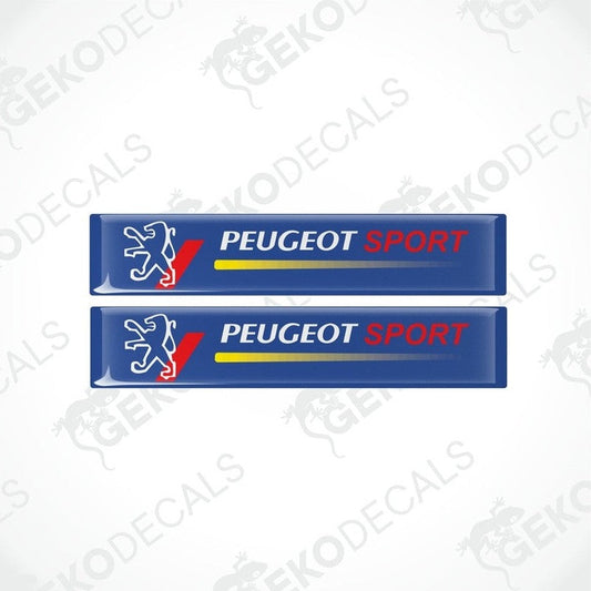 Two blue vinyl stickers with the Peugeot Sport logo and a white icon of a chevron, placed against a white background with the text 'GeckoDecals'.