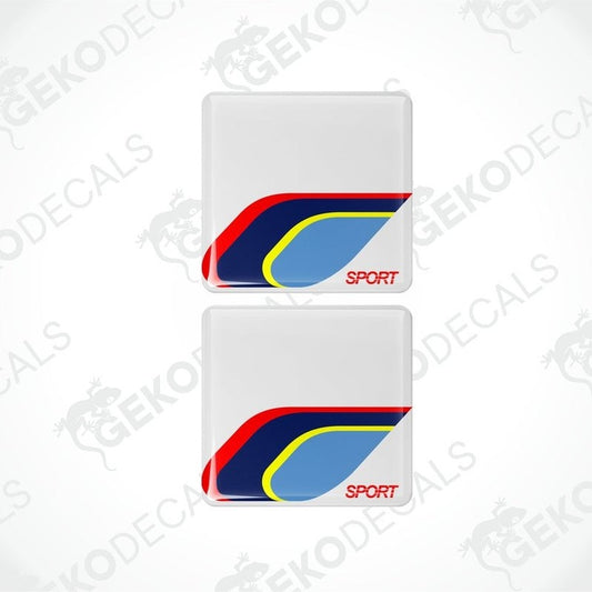 Two vinyl decals with a polyurethane coating featuring the word 'SPORT' and a color scheme of red, blue, and yellow.