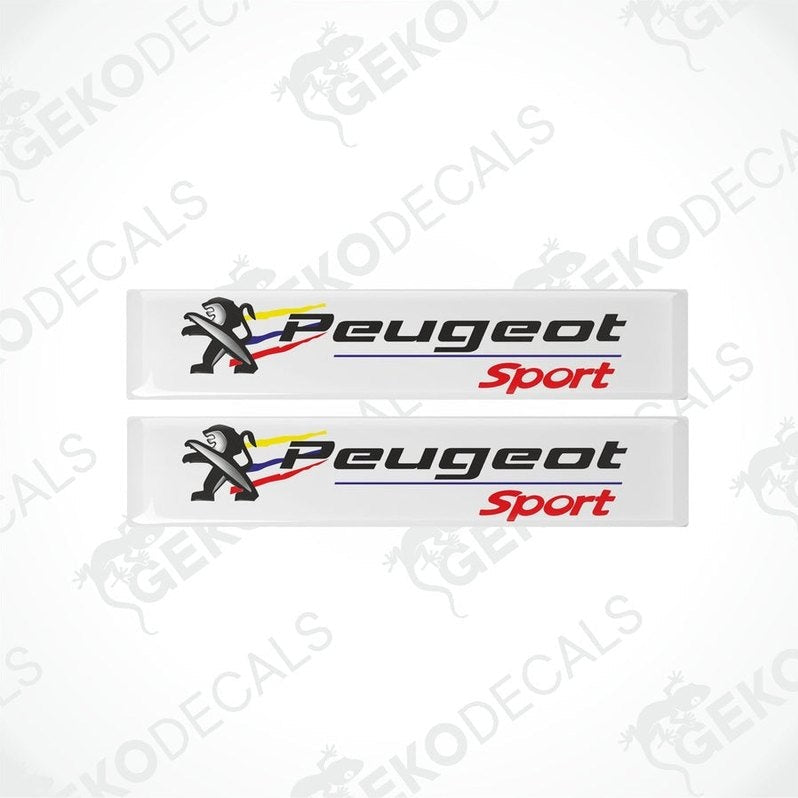 Two white vinyl stickers with the Peugeot Sport logo and a graphic representation of a Peugeot vehicle.