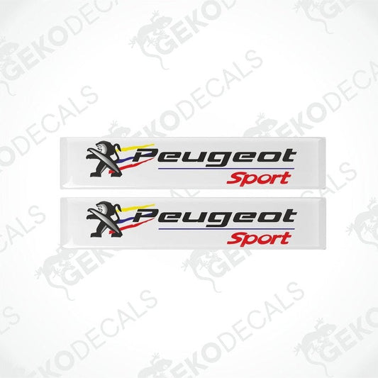 Two white vinyl stickers with the Peugeot Sport logo and a graphic representation of a Peugeot vehicle.