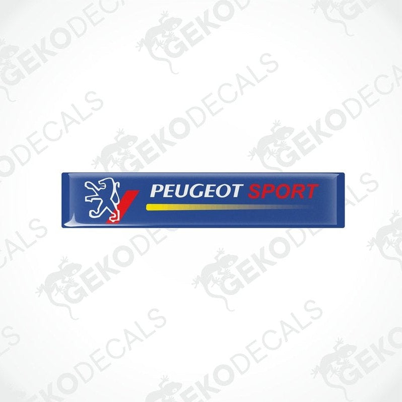 Blue vinyl stickers with the Peugeot Sport logo and a white icon of a chevron, placed against a white background with the text 'GeckoDecals'.