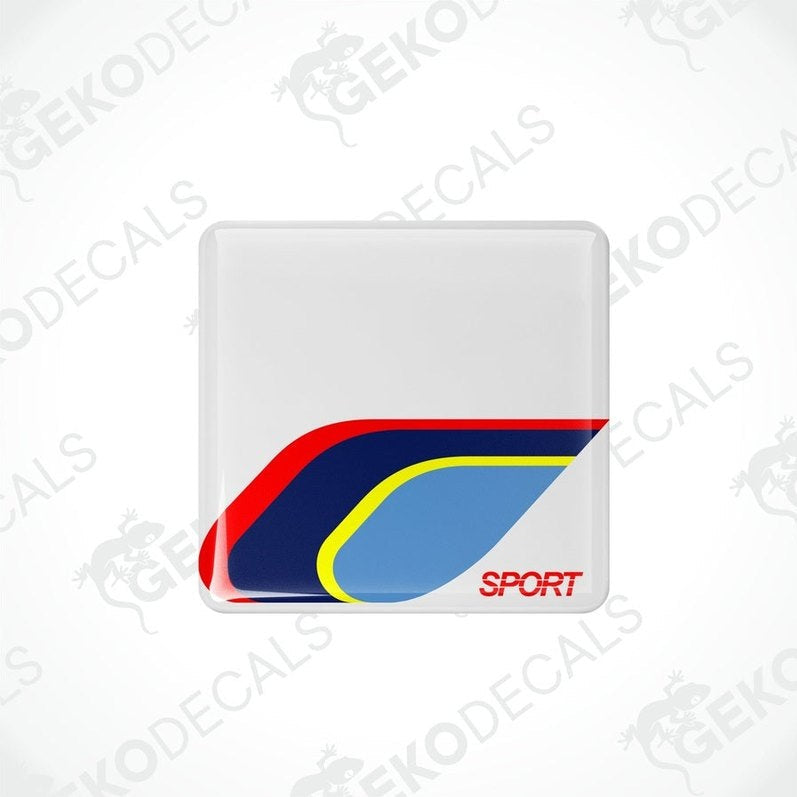 Vinyl decals with a polyurethane coating featuring the word 'SPORT' and a color scheme of red, blue, and yellow.