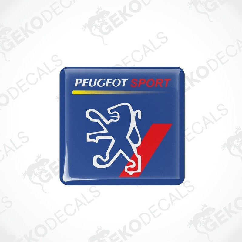 Blue, white, and red PEUGEOT SPORT vinyl decals with a polyurethane coating.