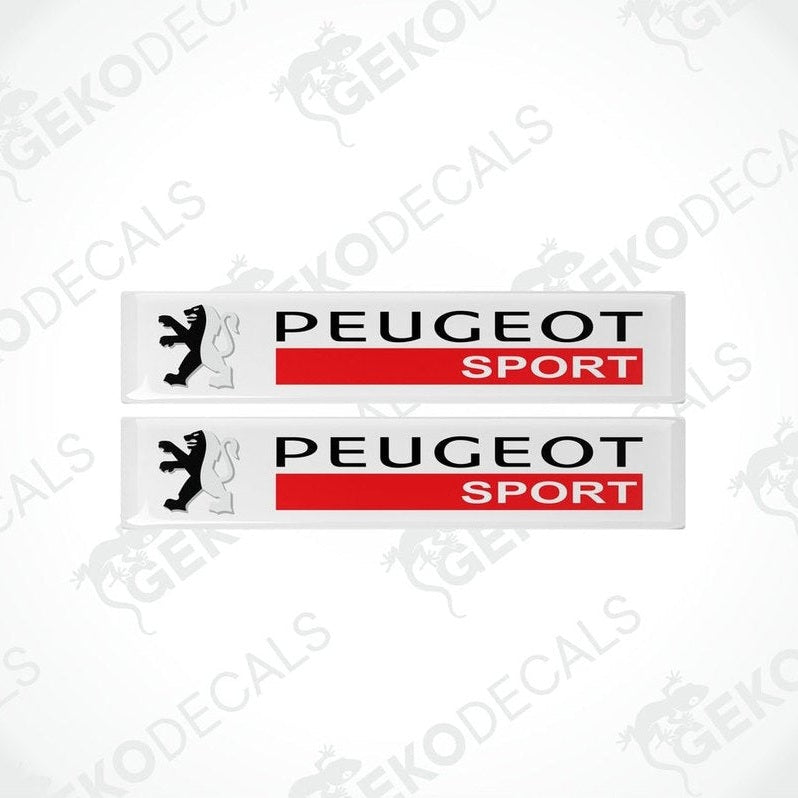 Two withe vinyl stickers with the PEUGEOT SPORT logo in red and black.