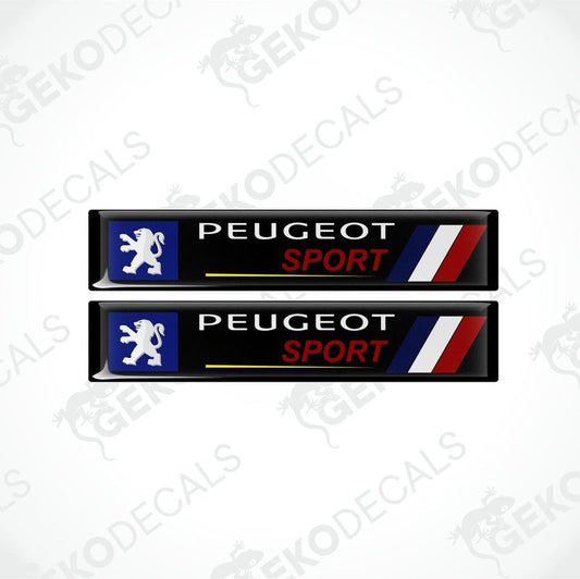 A set of two PEUGEOT SPORT decals for vehicles, featuring a logo with a blue and red design and the word 'SPORT' in bold lettering.