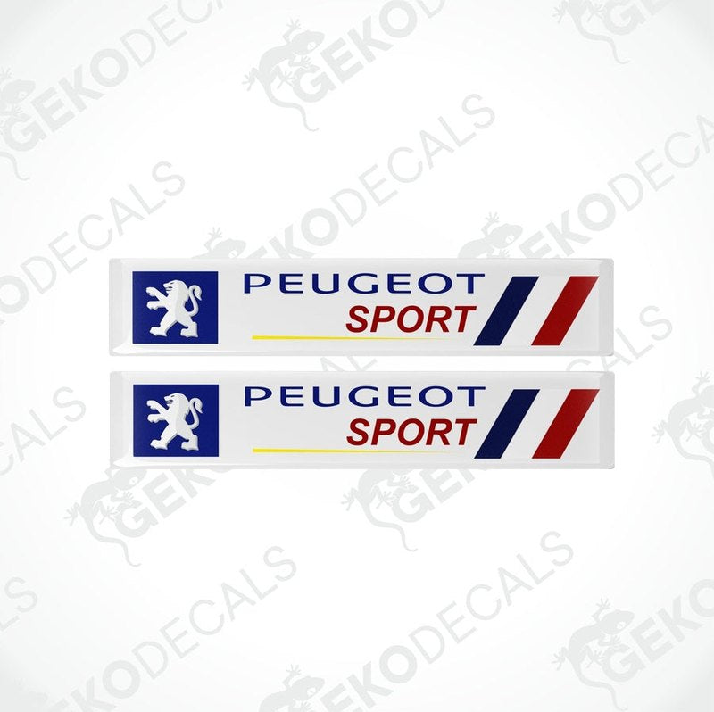 A set of two PEUGEOT SPORT decals for vehicles, featuring a logo with a blue and red design and the word 'SPORT' in bold lettering.