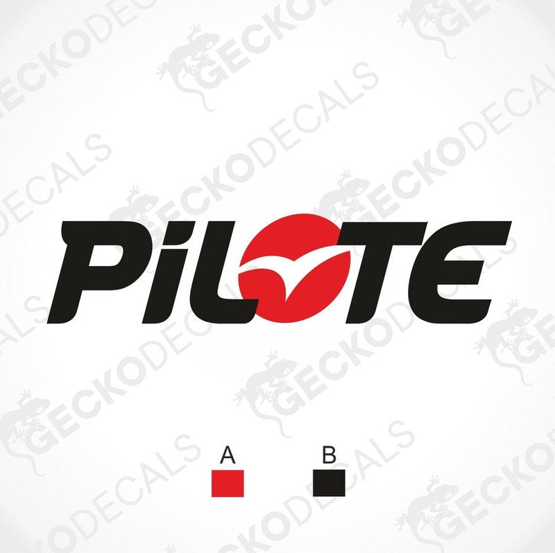 A white background die cut decal with the brand name 'PILOTE' in black and red.