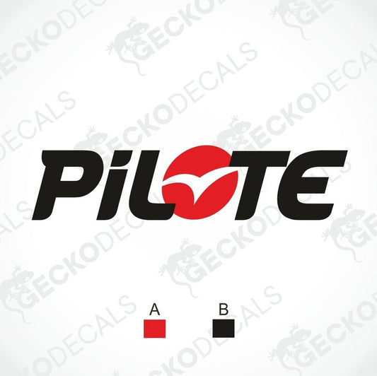 A white background die cut decal with the brand name 'PILOTE' in black and red.