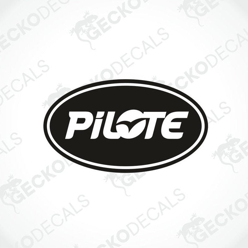A black and white die cut decal with the word 'PILOTE' written in white.