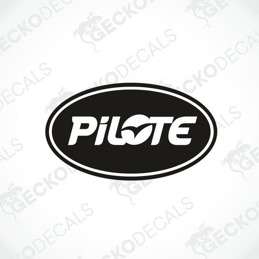 A black and white die cut decal with the word 'PILOTE' written in white.