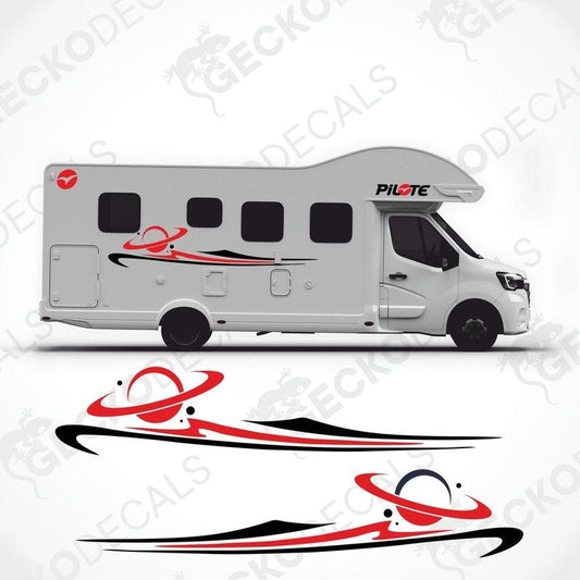 A white Pilote brand caravan with red and black decals, including oval and rectangular logos, displayed on a white background. Additional decal designs are shown in the inset images.