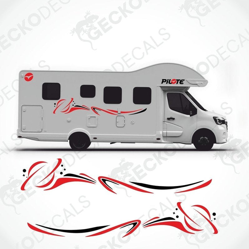 A white caravan with red and black decals featuring the PILOTE logo and designs.