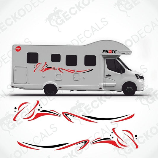 A white caravan with red and black decals featuring the PILOTE logo and designs.