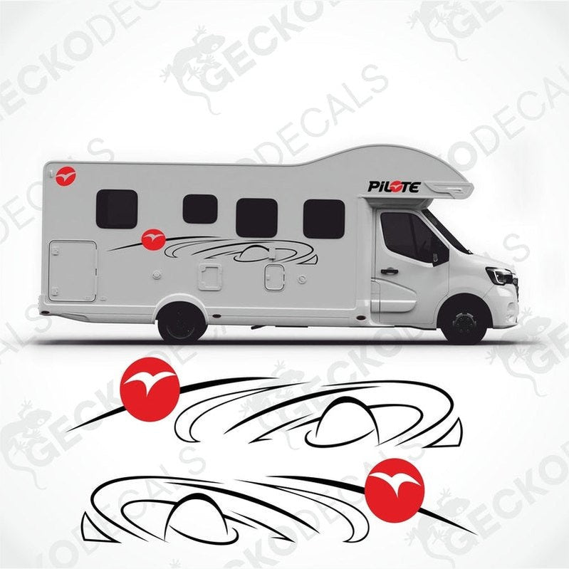 A white Pilote brand caravan with die cut decals, including side decals and various logos, displayed on a white background.