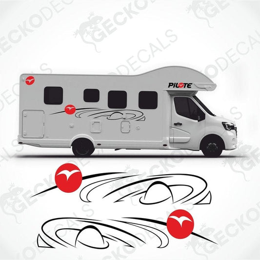 A white Pilote brand caravan with die cut decals, including side decals and various logos, displayed on a white background.