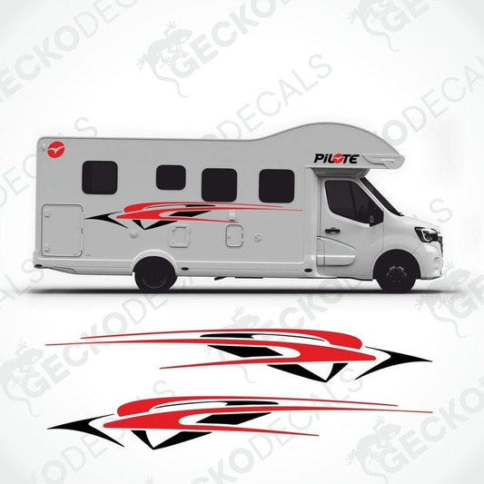 A white caravan with red and black decals featuring the PILOTE brand logo and design.