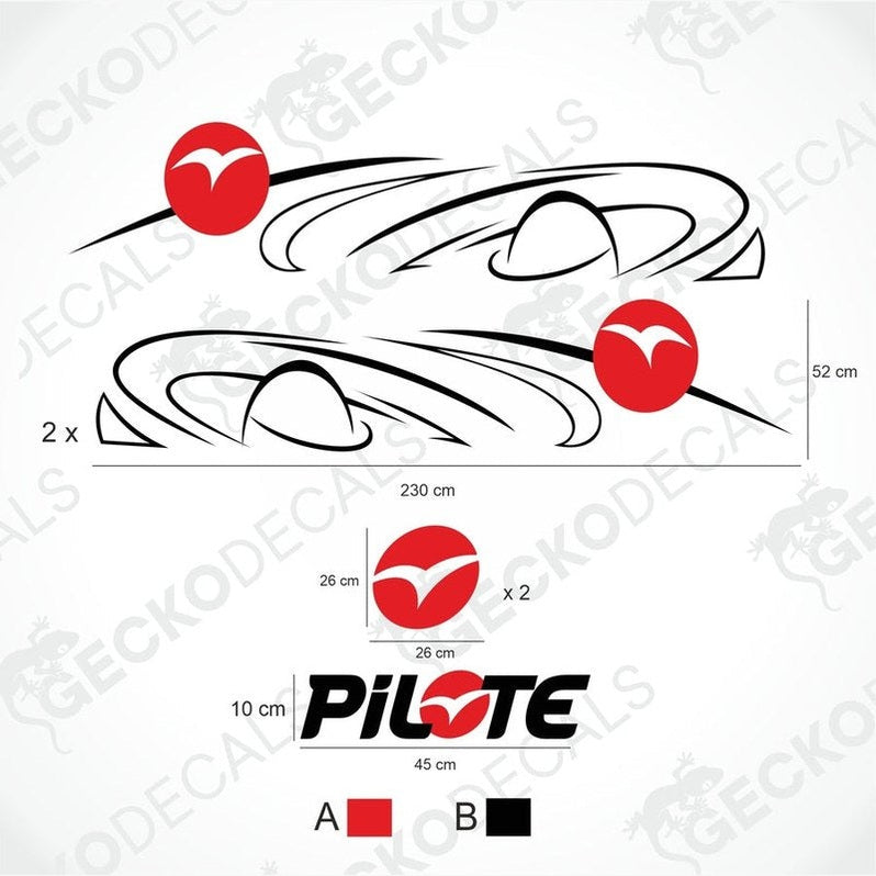 A white Pilote brand caravan with die cut decals, including side decals and various logos, displayed on a white background.