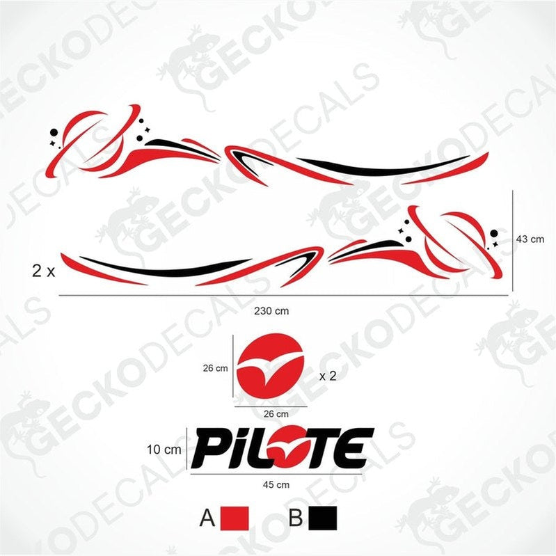 A white caravan with red and black decals featuring the PILOTE logo and designs.