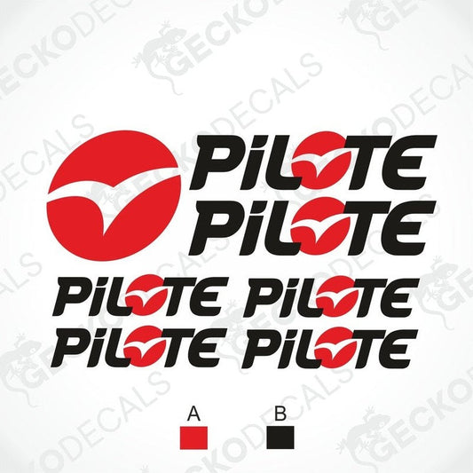 A set of PILOTE brand logo decals in various sizes, predominantly red and white with a black outline.