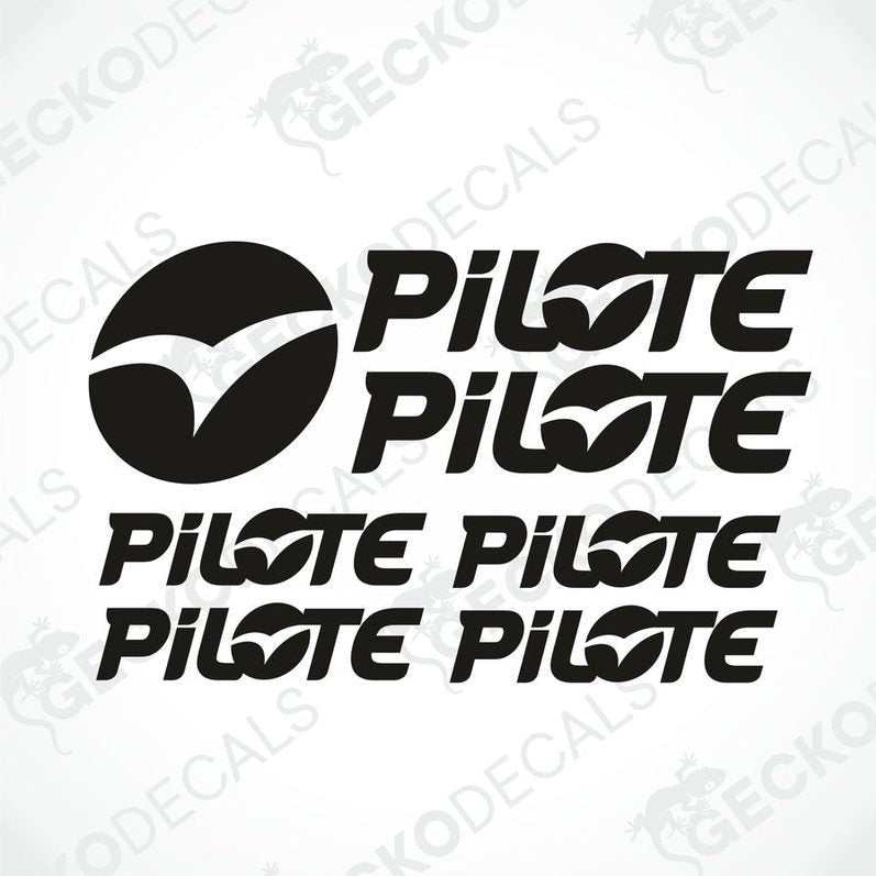 A set of PILOTE caravan logos in various sizes, predominantly in white with black text and accents.