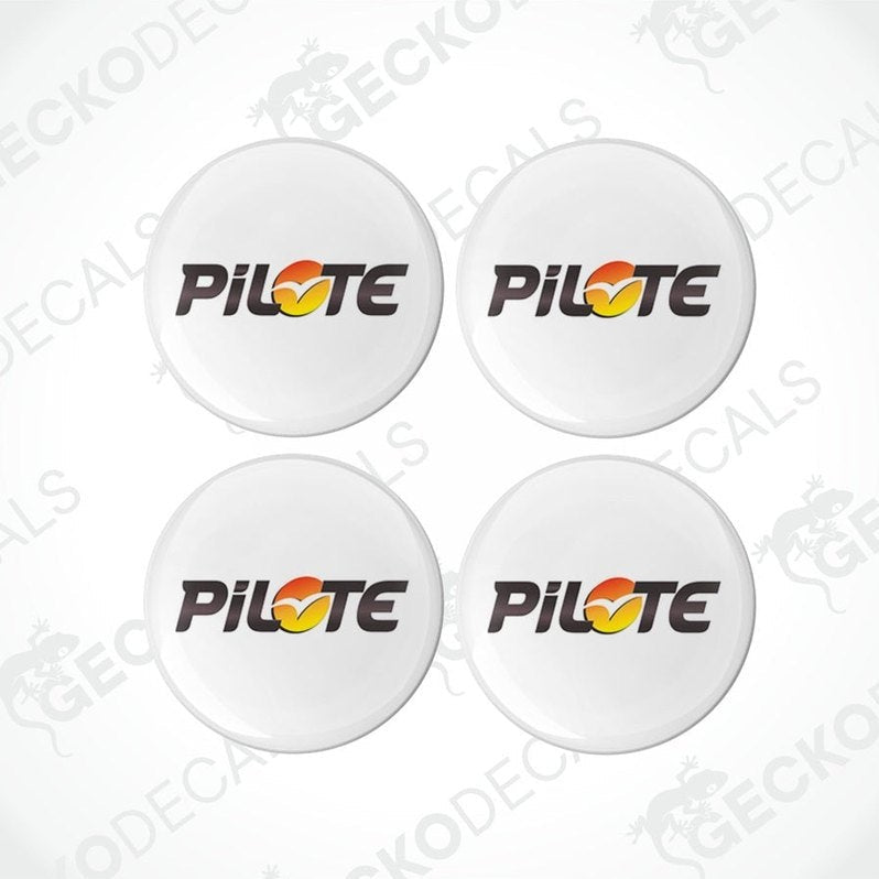Four white vinyl decals with the word 'PILOTE' and a design that includes the colors red, yellow, and black.