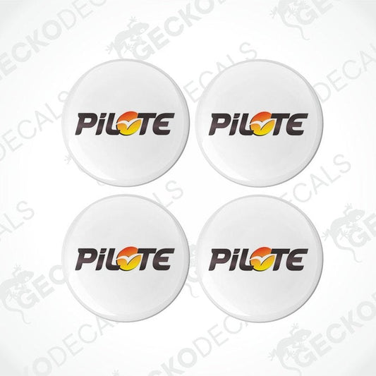 Four white vinyl decals with the word 'PILOTE' and a design that includes the colors red, yellow, and black.