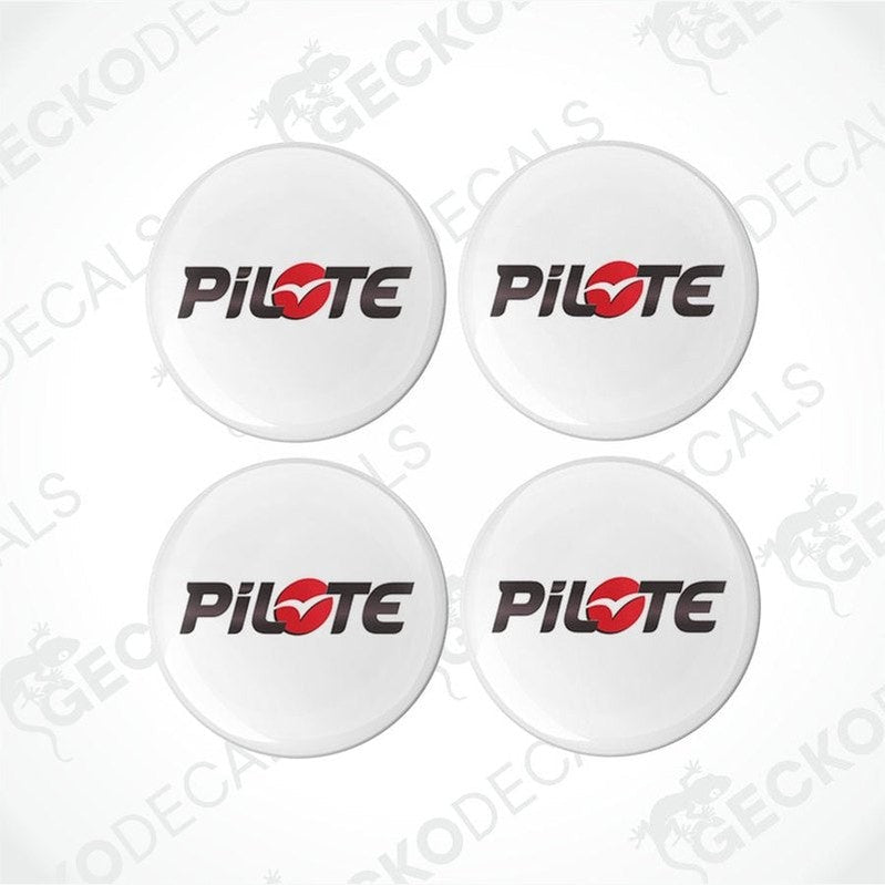 Four white vinyl decals with the word 'PILOTE' in red and black, displayed on a white background.