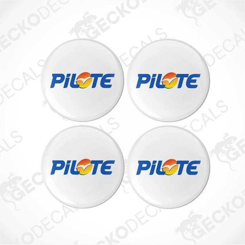 Four white vinyl decals with the Pilote brand logo in different color variations, arranged on a white background.
