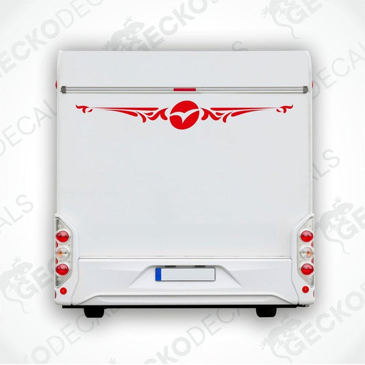 Rear decal of a white caravan with a red and black design, including a logo and decorative elements.