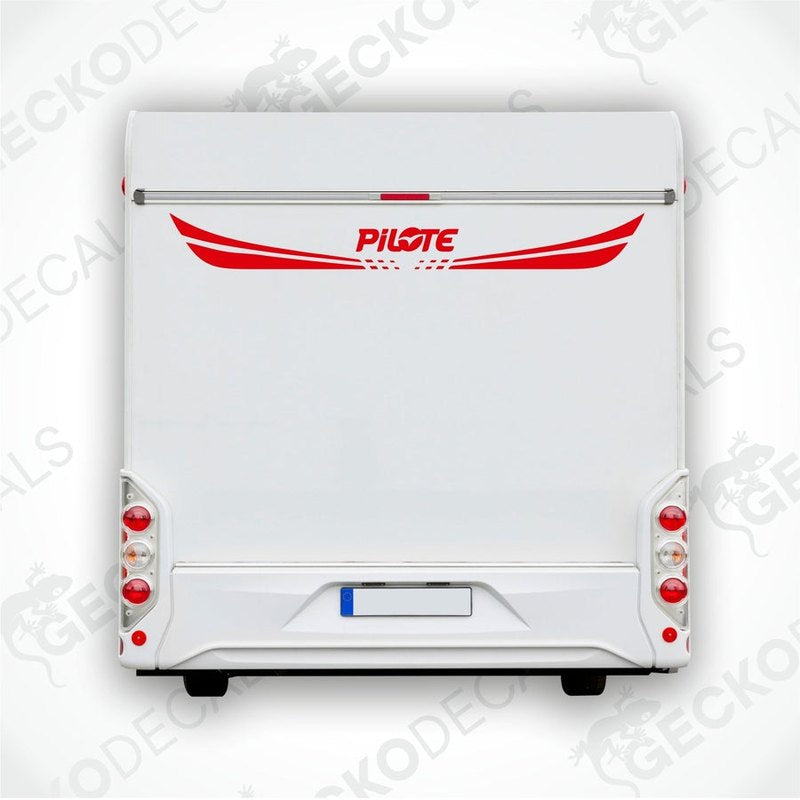 Red PILOTE rear decal applied to white caravan exterior door