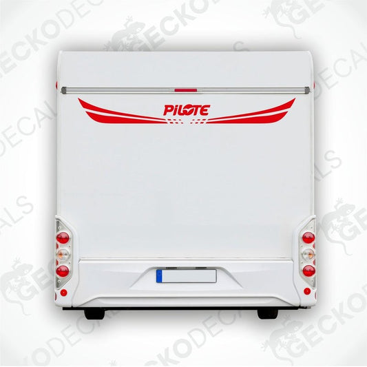 Red PILOTE rear decal applied to white caravan exterior door