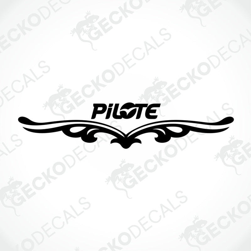 Black PILOTE die-cut caravan decal with ornamental wing design on transfer paper