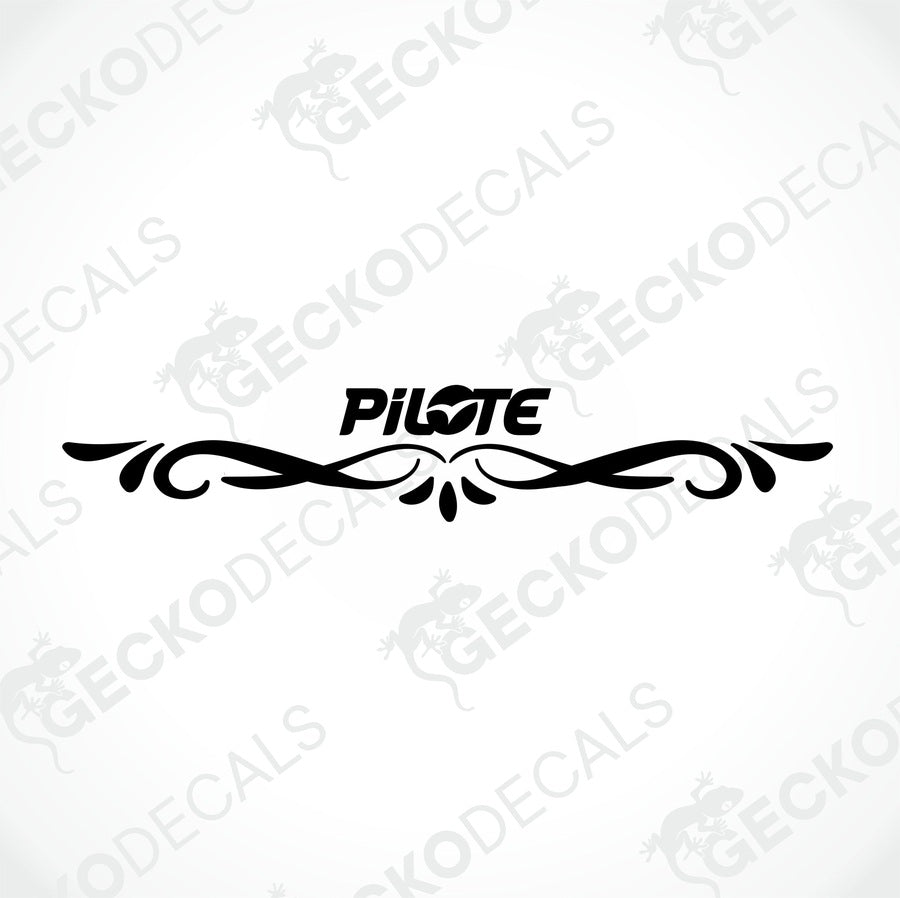 Rear decal of a white caravan with the brand name 'PILOTE' and a decorative red and white design.