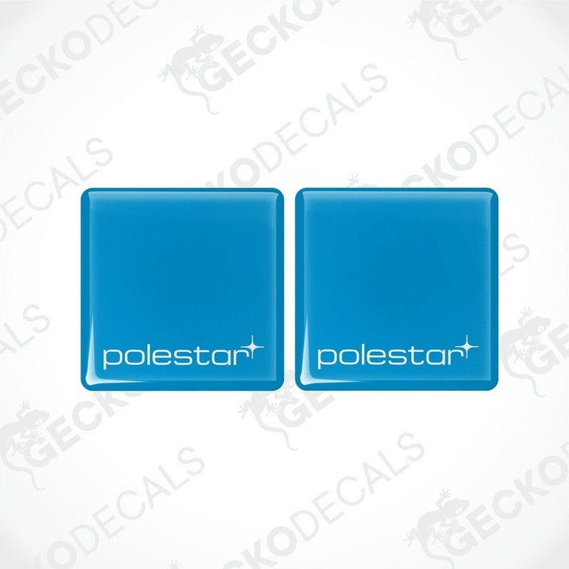 Two blue square vinyl decals with the text 'polestar' written on them, placed on a white background.