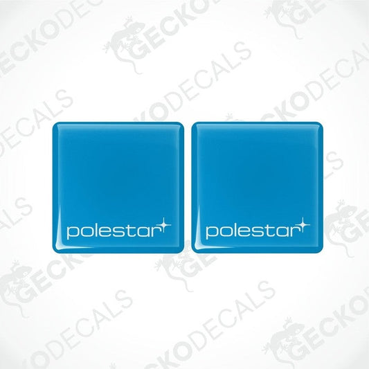 Two blue square vinyl decals with the text 'polestar' written on them, placed on a white background.