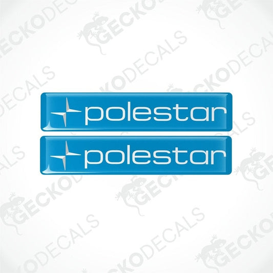 Two blue vinyl decals with the text 'polestar' and a star symbol, placed on a white background.