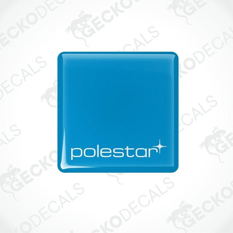  Blue square vinyl decals with the text 'polestar' written on them, placed on a white background.