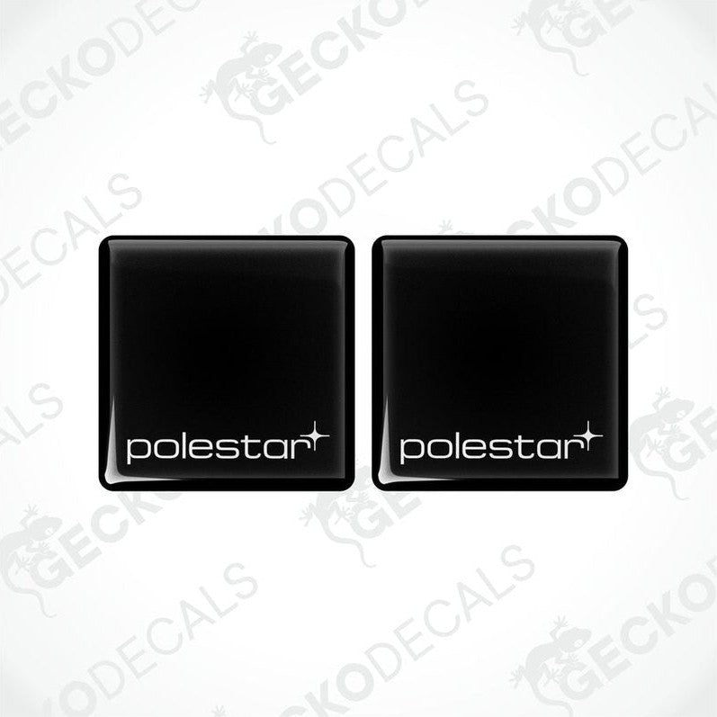Two black square vinyl decals with the text 'polestar' written on them, placed on a white background.