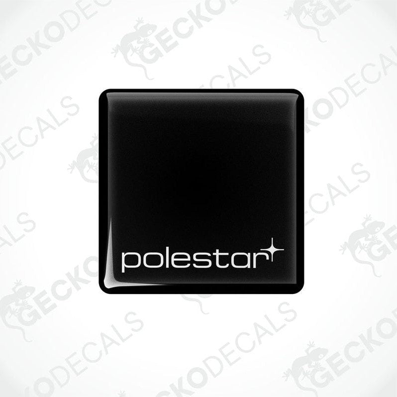 Black square vinyl decals with the text 'polestar' written on them, placed on a white background.